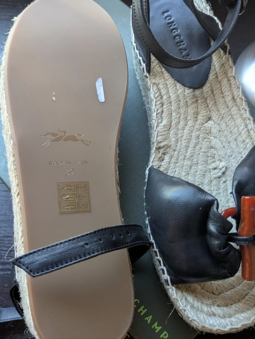 New With Box Longchamp Black Leather Espadrille Sandals with Brown Toggle Accent